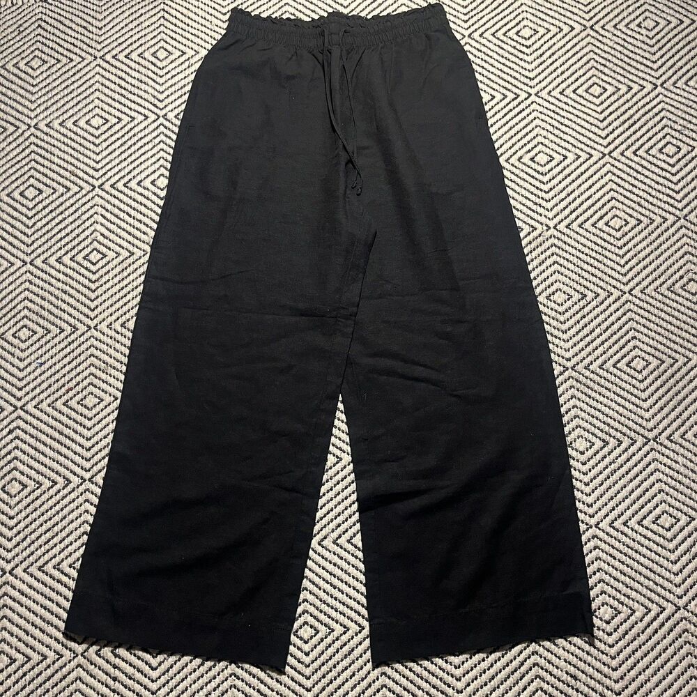 Linen Blend Classic Drawstring Flowy Pants Black S lightweight breezy wide leg